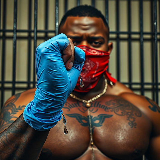 extreme close-up torso shot of a large muscular African American man, wearing a red bandana mask over his nose and mouth