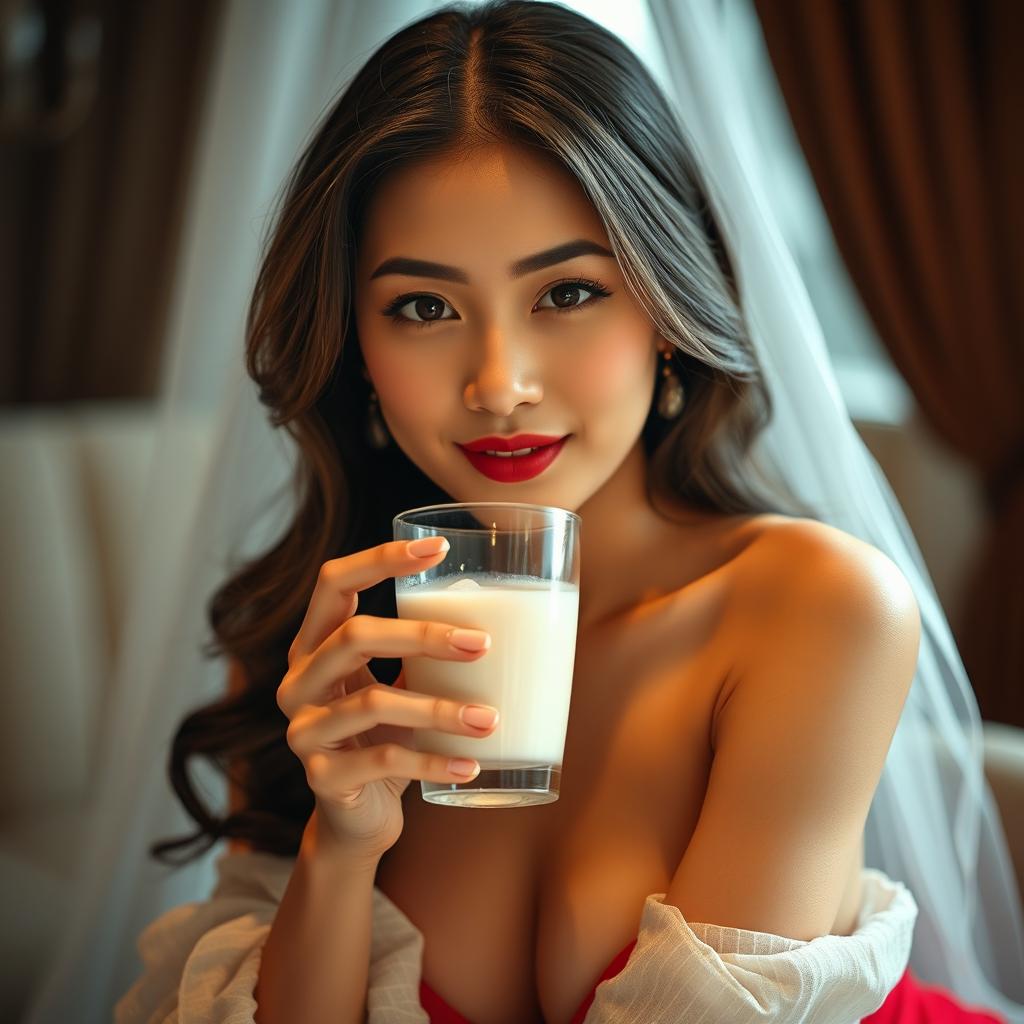 An elegant and stunning Asian woman portrayed in a tasteful and sensual manner, enjoying a glass of milk in a luxurious setting