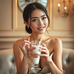 An elegant and stunning Asian woman portrayed in a tasteful and sensual manner, enjoying a glass of milk in a luxurious setting