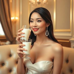 An elegant and stunning Asian woman portrayed in a tasteful and sensual manner, enjoying a glass of milk in a luxurious setting