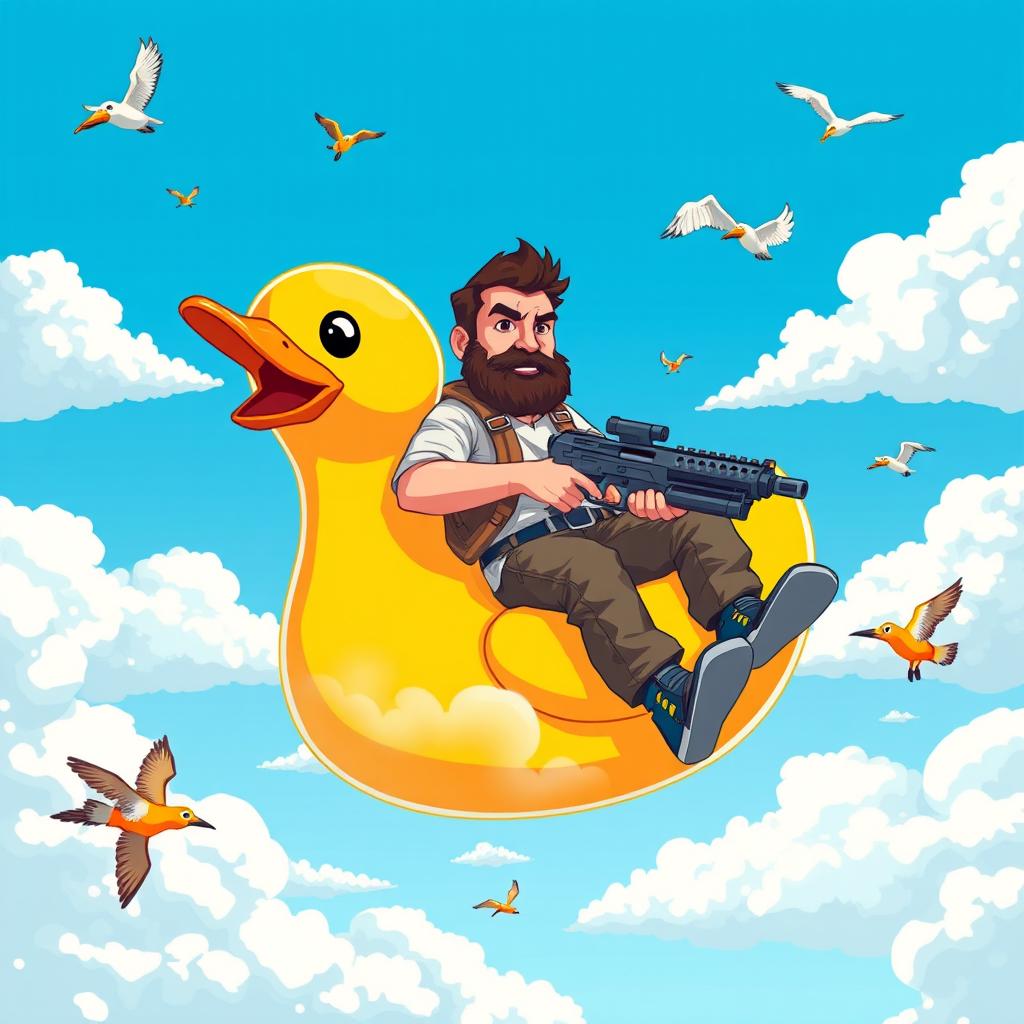 A middle-aged man with a dark brown beard and a determined expression, wearing casual outdoor clothes, is sitting on a large, cartoonish yellow rubber bathing duck