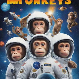 A vibrant and humorous movie poster for a children's comedy called 'Fun Crazy Monkeys in Space'. It showcases gleeful monkeys in astronaut suits causing chaos among stars, planets and rockets, with the comedic title placing prominently.