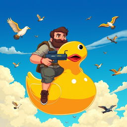 A middle-aged man with a dark brown beard and a determined expression, wearing casual outdoor clothes, is sitting on a large, cartoonish yellow rubber bathing duck