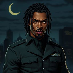 An African American vampire, standing 6’5” tall with a muscular build and light caramel skin