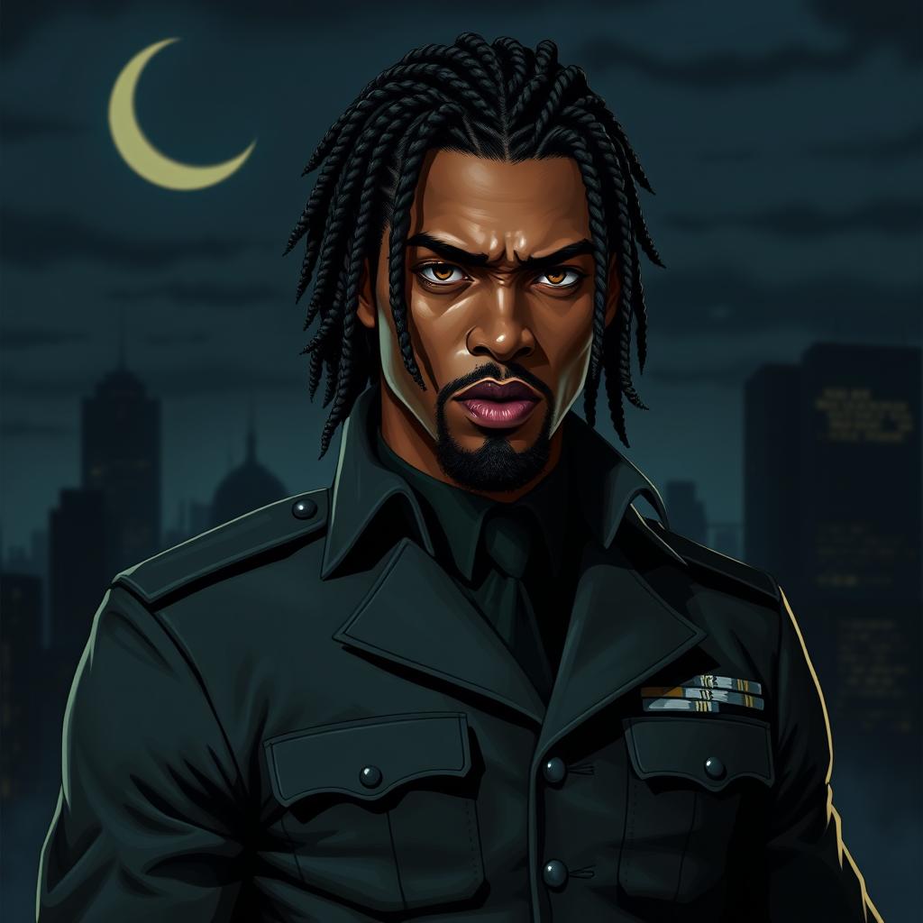 An African American vampire, standing 6’5” tall with a muscular build and light caramel skin