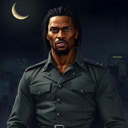 An African American vampire, standing 6’5” tall with a muscular build and light caramel skin