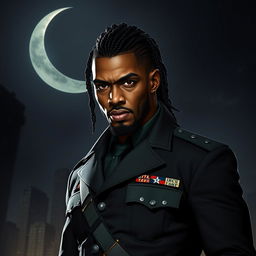 An African American vampire, standing 6’5” tall with a muscular build and light caramel skin