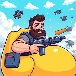 A fuller-figured young man in his early 30s with a dark brown beard is seated in a large, pixelated cartoon yellow rubber duck, gripping a futuristic pixel-style gun