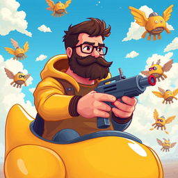 A fuller-figured young man in his early 30s with a dark brown beard is seated in a large, pixelated cartoon yellow rubber duck, gripping a futuristic pixel-style gun