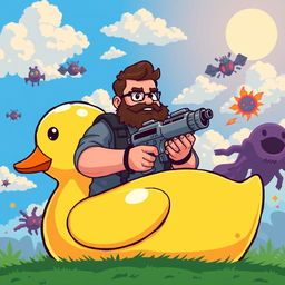 A fuller-figured young man in his early 30s with a dark brown beard is seated in a large, pixelated cartoon yellow rubber duck, gripping a futuristic pixel-style gun