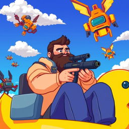 A fuller-figured young man in his early 30s with a dark brown beard is seated in a large, pixelated cartoon yellow rubber duck, gripping a futuristic pixel-style gun