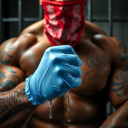 extreme close-up of a large muscular African American gang member with a focus on the torso, wearing a red bandana mask over the nose and mouth