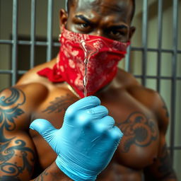 extreme close-up of a large muscular African American gang member with a focus on the torso, wearing a red bandana mask over the nose and mouth