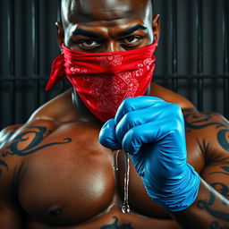 extreme close-up of a large muscular African American gang member with a focus on the torso, wearing a red bandana mask over the nose and mouth