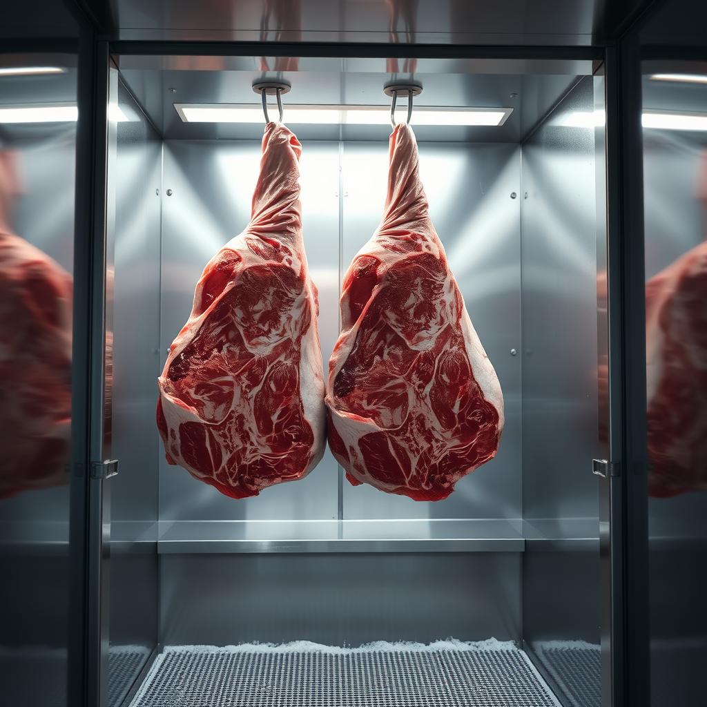 Two large pieces of meat hanging inside a spacious industrial refrigerator, with glistening, well-marbled surfaces