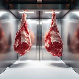 Two large pieces of meat hanging inside a spacious industrial refrigerator, with glistening, well-marbled surfaces