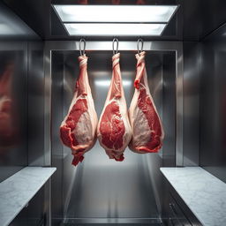 Two large pieces of meat hanging inside a spacious industrial refrigerator, with glistening, well-marbled surfaces