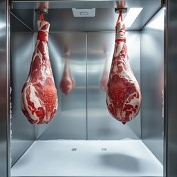 Two large pieces of meat hanging inside a spacious industrial refrigerator, with glistening, well-marbled surfaces