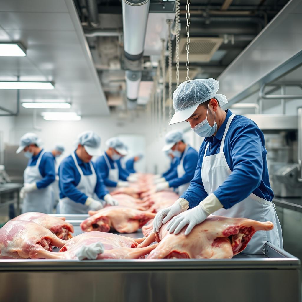 A clean and professional meat processing environment where several workers, clad in safety gear and uniforms, are efficiently working