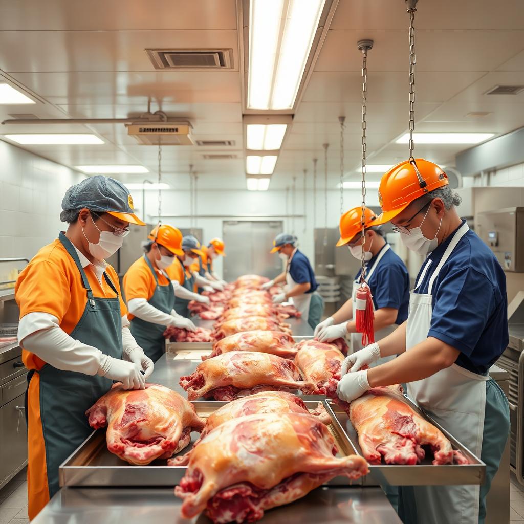 A clean and professional meat processing environment where several workers, clad in safety gear and uniforms, are efficiently working