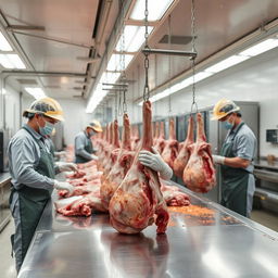 A clean and professional meat processing environment where several workers, clad in safety gear and uniforms, are efficiently working