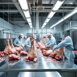 A clean and professional meat processing environment where several workers, clad in safety gear and uniforms, are efficiently working