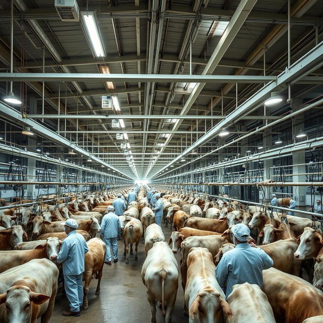 A large-scale slaughterhouse with a bustling atmosphere, where numerous cattle are processed by skilled workers