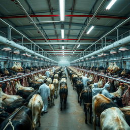 A large-scale slaughterhouse with a bustling atmosphere, where numerous cattle are processed by skilled workers