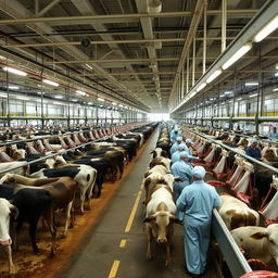 A large-scale slaughterhouse with a bustling atmosphere, where numerous cattle are processed by skilled workers