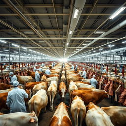 A large-scale slaughterhouse with a bustling atmosphere, where numerous cattle are processed by skilled workers