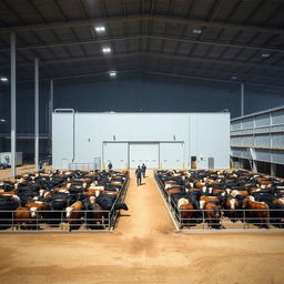 A vast area adjacent to a large industrial cold storage facility, where numerous cattle are gathered in a well-organized pen