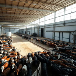 A vast area adjacent to a large industrial cold storage facility, where numerous cattle are gathered in a well-organized pen