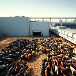 A vast area adjacent to a large industrial cold storage facility, where numerous cattle are gathered in a well-organized pen