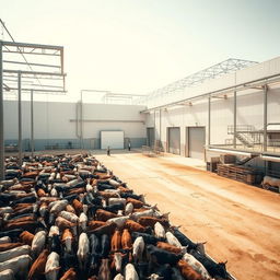 A vast area adjacent to a large industrial cold storage facility, where numerous cattle are gathered in a well-organized pen