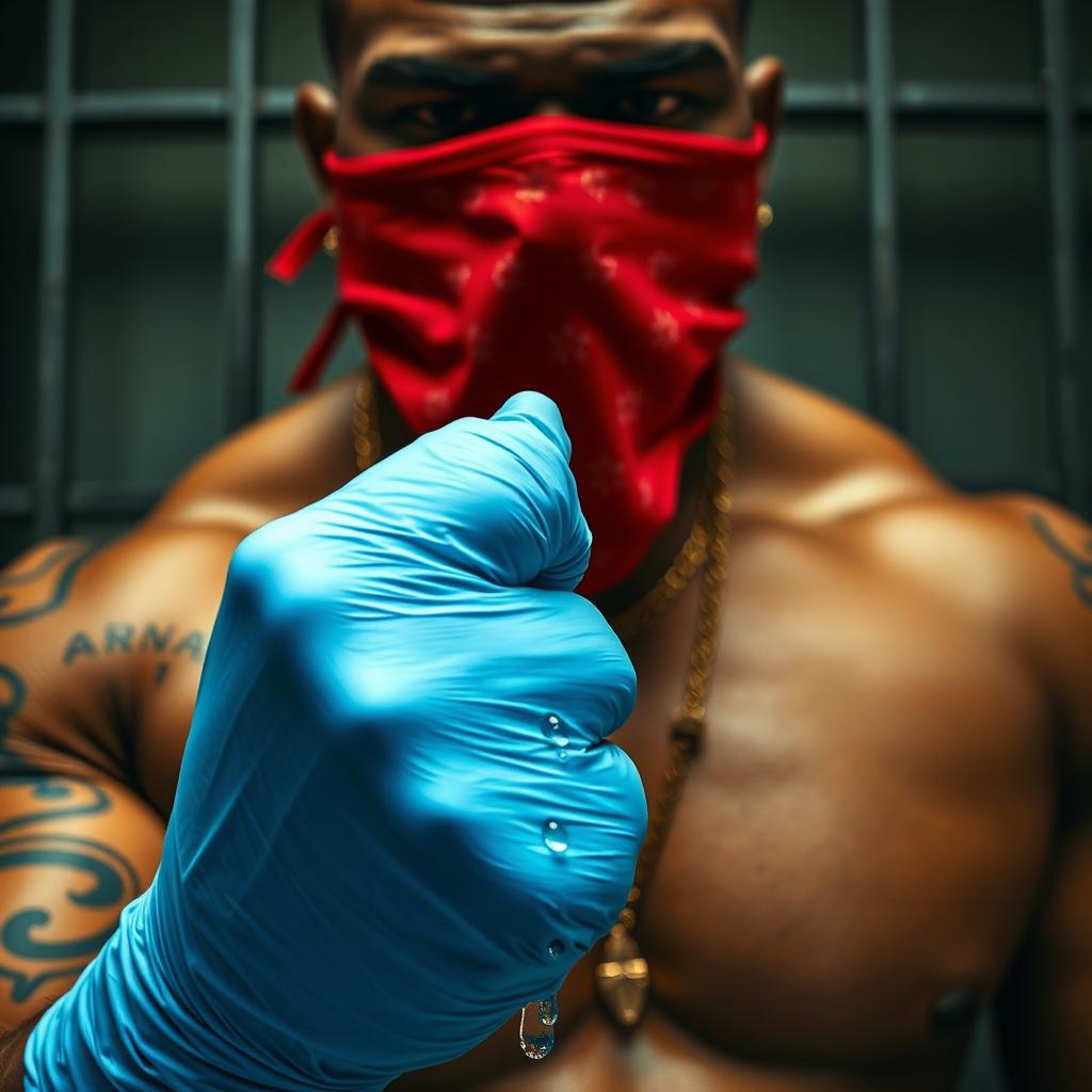 extreme close-up, torso shot of a large muscular African American gang member wearing a red bandana as a mask over their nose and mouth with visible tattoos