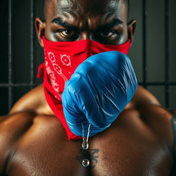 extreme close-up, torso shot of a large muscular African American gang member wearing a red bandana as a mask over their nose and mouth with visible tattoos