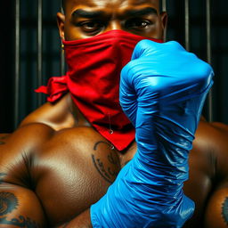 extreme close-up, torso shot of a large muscular African American gang member wearing a red bandana as a mask over their nose and mouth with visible tattoos