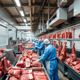 Inside a large cold storage facility, dedicated workers are processing vast quantities of beef with precision and skill