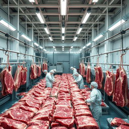 Inside a large cold storage facility, dedicated workers are processing vast quantities of beef with precision and skill