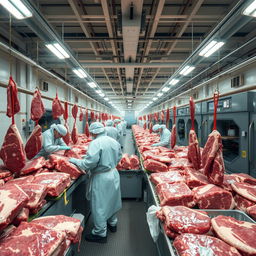 Inside a large cold storage facility, dedicated workers are processing vast quantities of beef with precision and skill