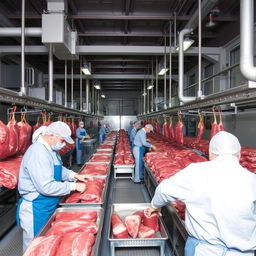 Inside a large cold storage facility, dedicated workers are processing vast quantities of beef with precision and skill