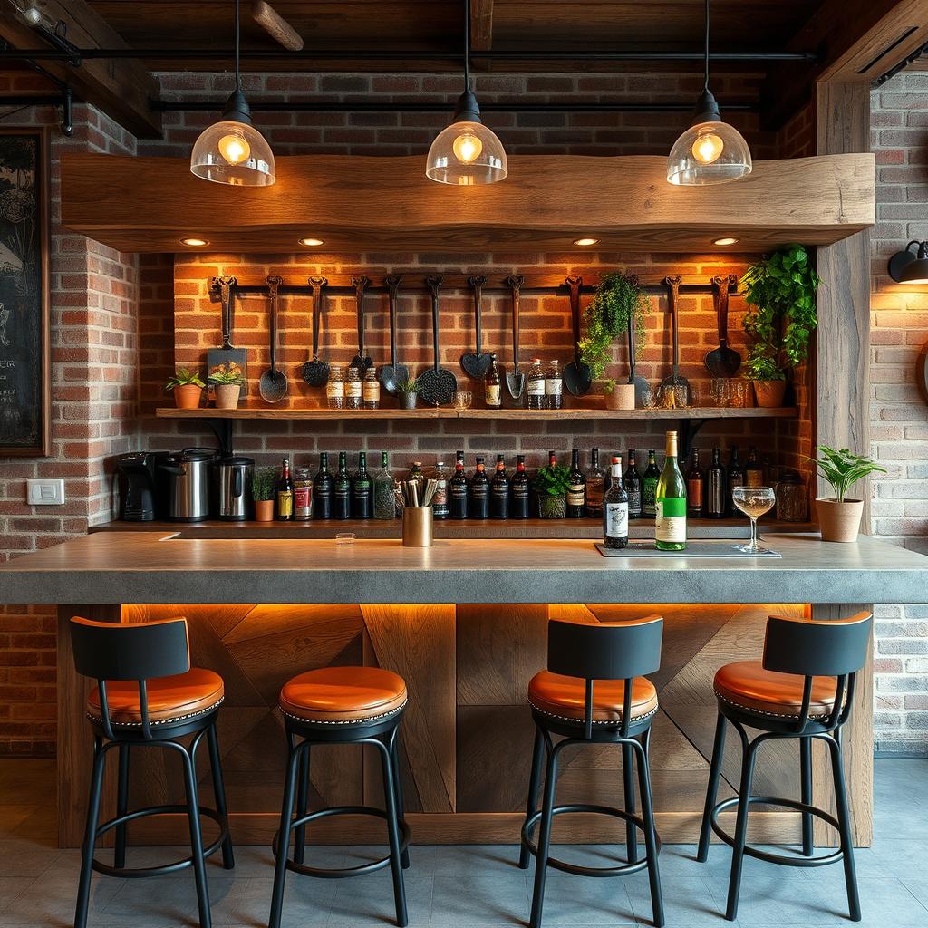 A stylish bar designed for a quincho (Argentinian barbecue place), featuring rustic wood elements, a polished concrete countertop, traditional Argentinian barbecue tools hanging on the wall, and warm ambient lighting