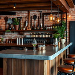 A stylish bar designed for a quincho (Argentinian barbecue place), featuring rustic wood elements, a polished concrete countertop, traditional Argentinian barbecue tools hanging on the wall, and warm ambient lighting