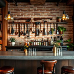 A stylish bar designed for a quincho (Argentinian barbecue place), featuring rustic wood elements, a polished concrete countertop, traditional Argentinian barbecue tools hanging on the wall, and warm ambient lighting