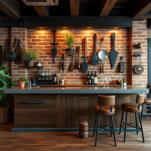 A stylish bar designed for a quincho (Argentinian barbecue place), featuring rustic wood elements, a polished concrete countertop, traditional Argentinian barbecue tools hanging on the wall, and warm ambient lighting