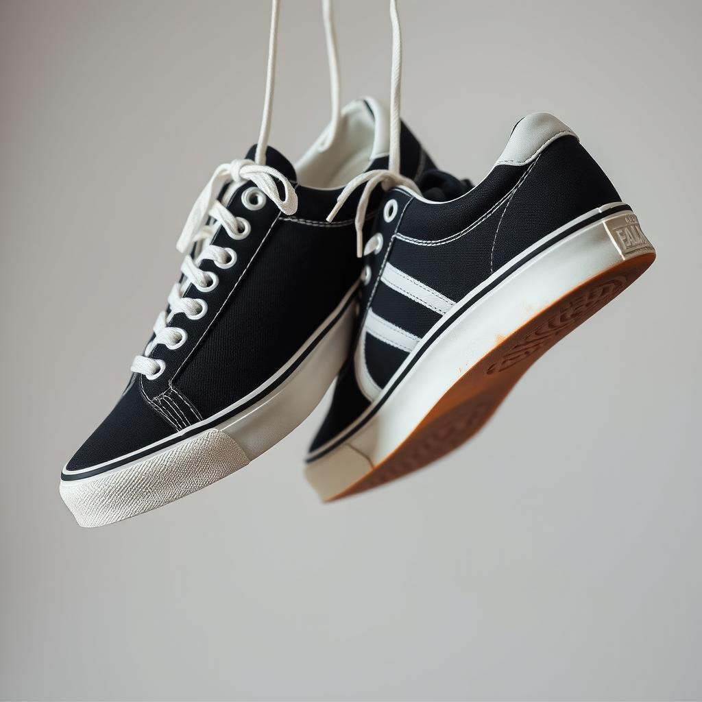 A pair of black sneakers with white accents, hanging by their laces in a retro style