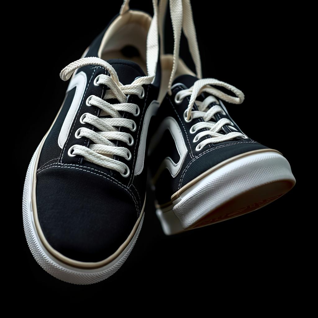 A pair of black sneakers with white accents, hanging by their laces in a retro style