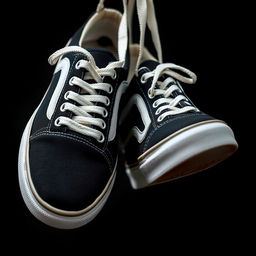 A pair of black sneakers with white accents, hanging by their laces in a retro style