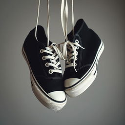 A pair of black sneakers with white accents, hanging by their laces in a retro style