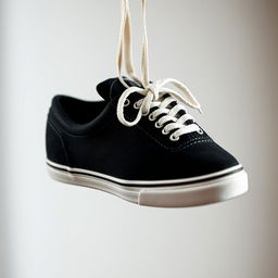 A pair of black sneakers with white accents, hanging by their laces in a retro style